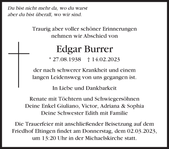 Traueranzeige von Edgar Burrer von Leonberger Kreiszeitung / Strohgäu Extra