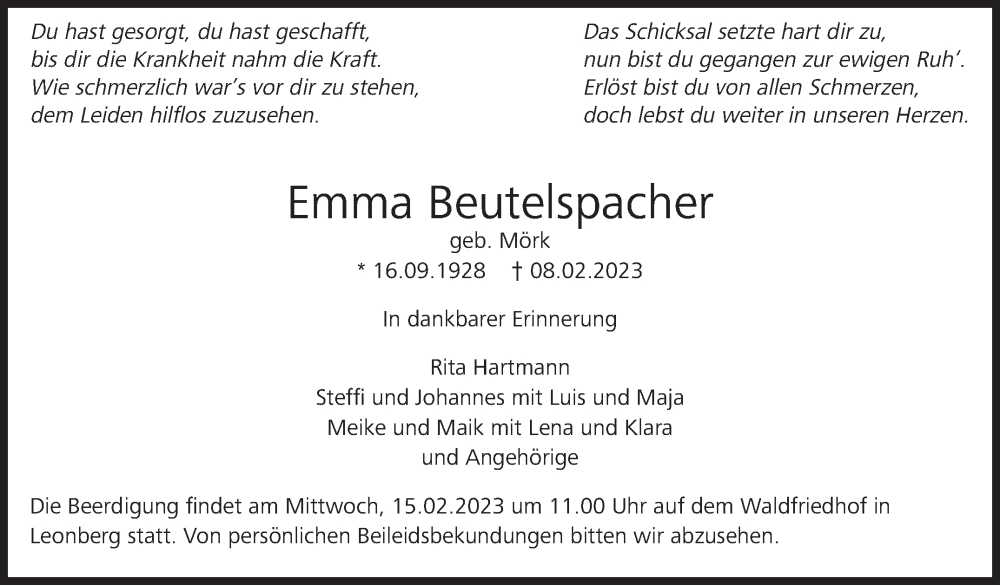  Traueranzeige für Emma Beutelspacher vom 14.02.2023 aus Leonberger Kreiszeitung / Strohgäu Extra