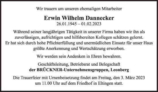 Traueranzeige von Erwin Wilhelm Dannecker von Leonberger Kreiszeitung / Strohgäu Extra