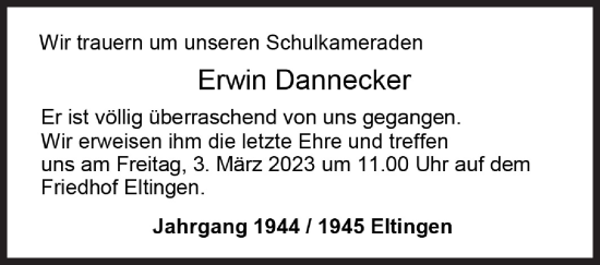 Traueranzeige von Erwin Wilhelm Dannecker von Leonberger Kreiszeitung / Strohgäu Extra