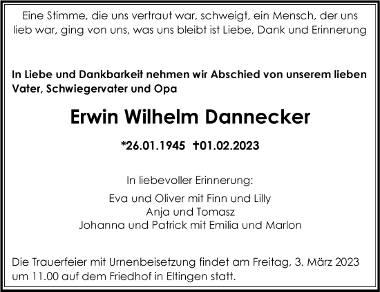 Traueranzeige von Erwin Wilhelm Dannecker von Leonberger Kreiszeitung / Strohgäu Extra
