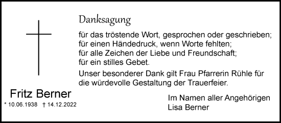 Traueranzeige von Fritz Berner von Leonberger Kreiszeitung / Strohgäu Extra