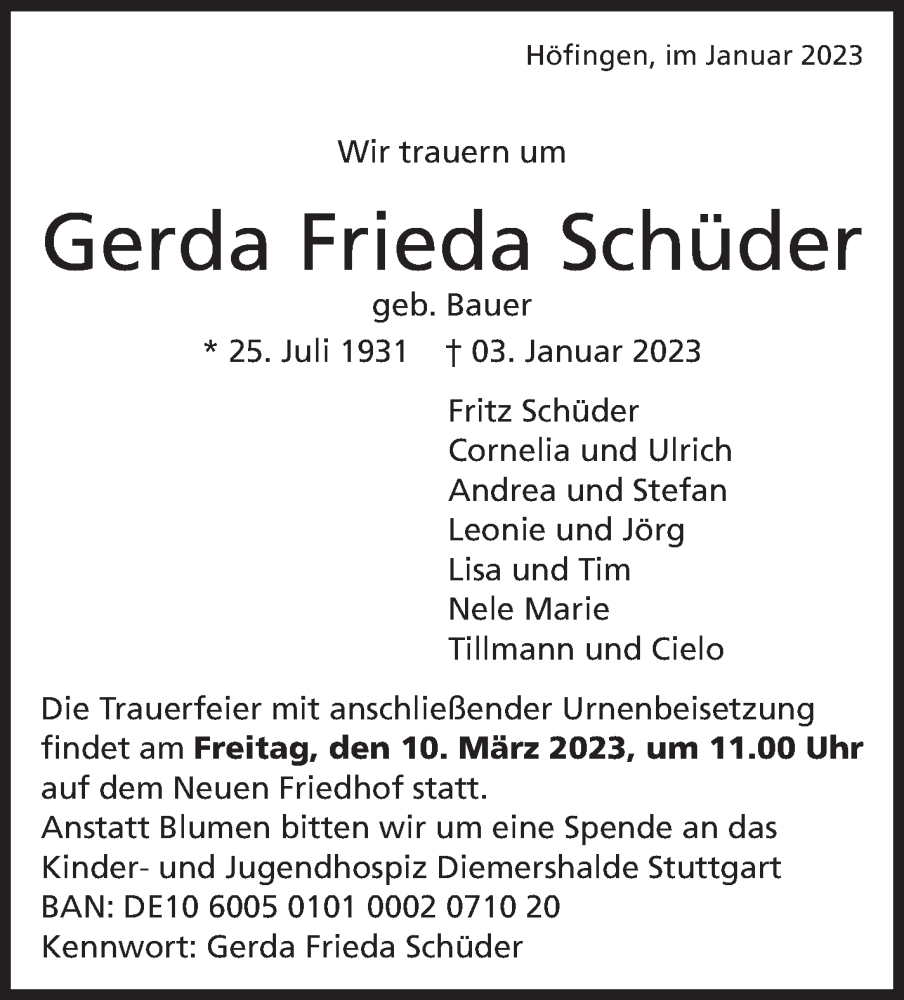  Traueranzeige für Gerda Frieda Schüder vom 25.02.2023 aus Leonberger Kreiszeitung / Strohgäu Extra
