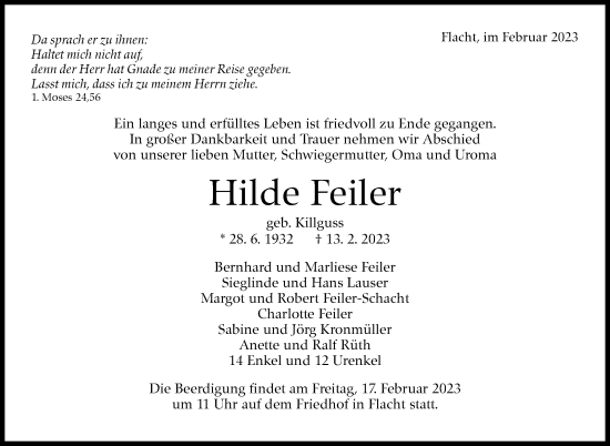 Traueranzeige von Hilde Feiler von Leonberger Kreiszeitung / Strohgäu Extra