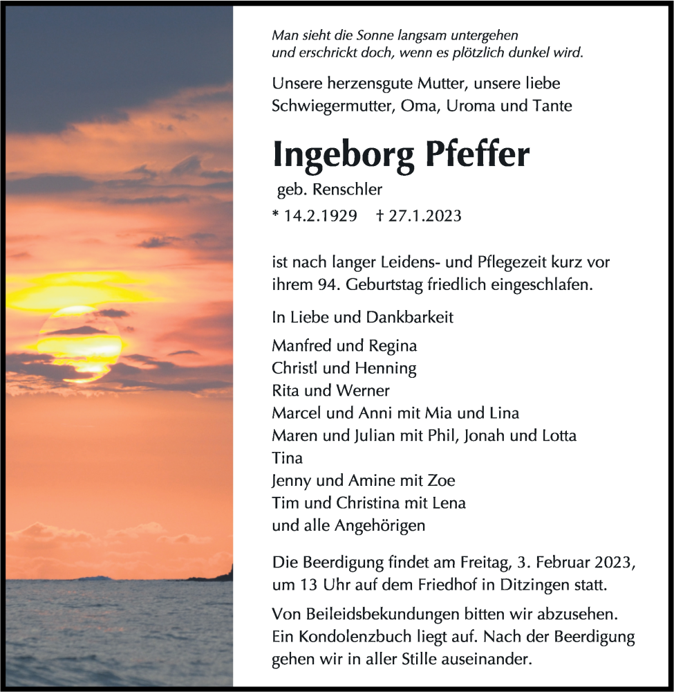  Traueranzeige für Ingeborg Pfeffer vom 01.02.2023 aus Leonberger Kreiszeitung / Strohgäu Extra
