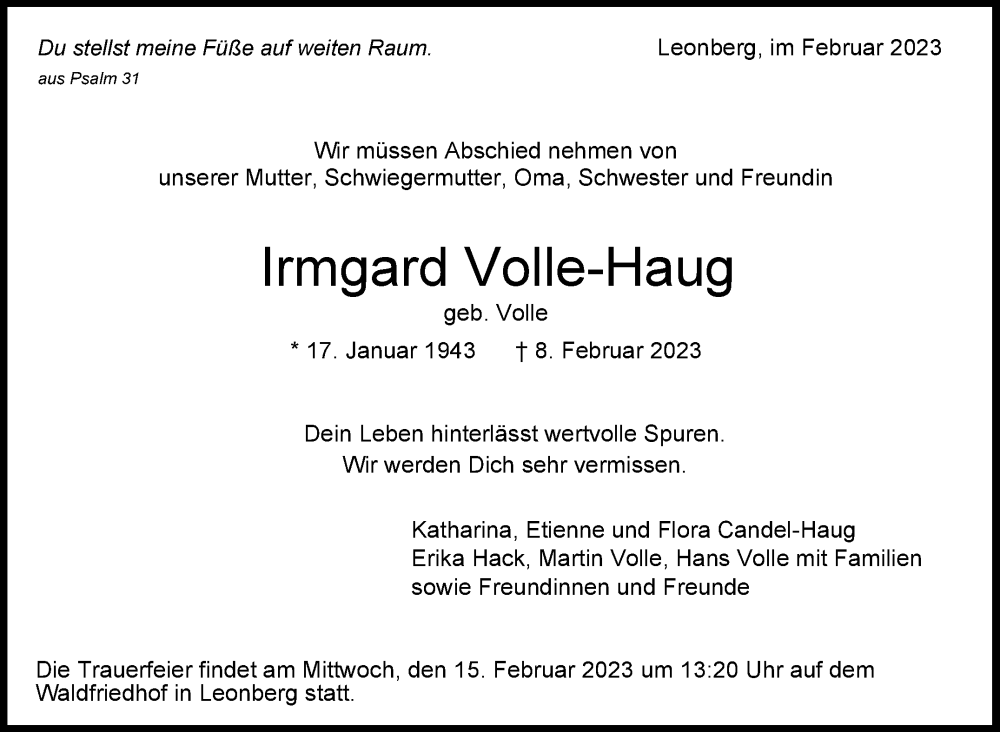  Traueranzeige für Irmgard Volle-Haug vom 11.02.2023 aus Leonberger Kreiszeitung / Strohgäu Extra