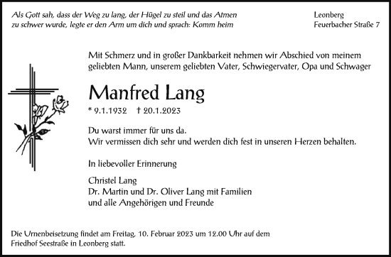 Traueranzeige von Manfred Lang von Leonberger Kreiszeitung / Strohgäu Extra
