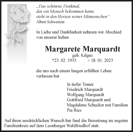 Traueranzeige von Margarete Marquardt von Leonberger Kreiszeitung / Strohgäu Extra