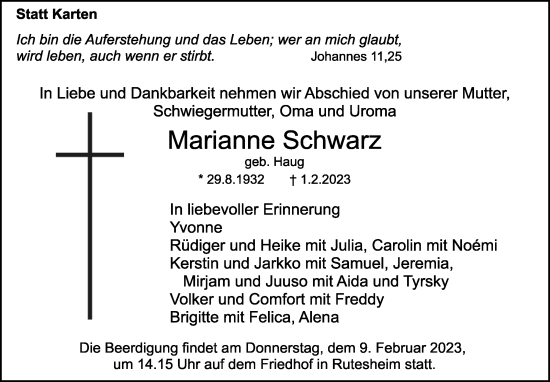 Traueranzeige von Marianne Schwarz von Leonberger Kreiszeitung / Strohgäu Extra