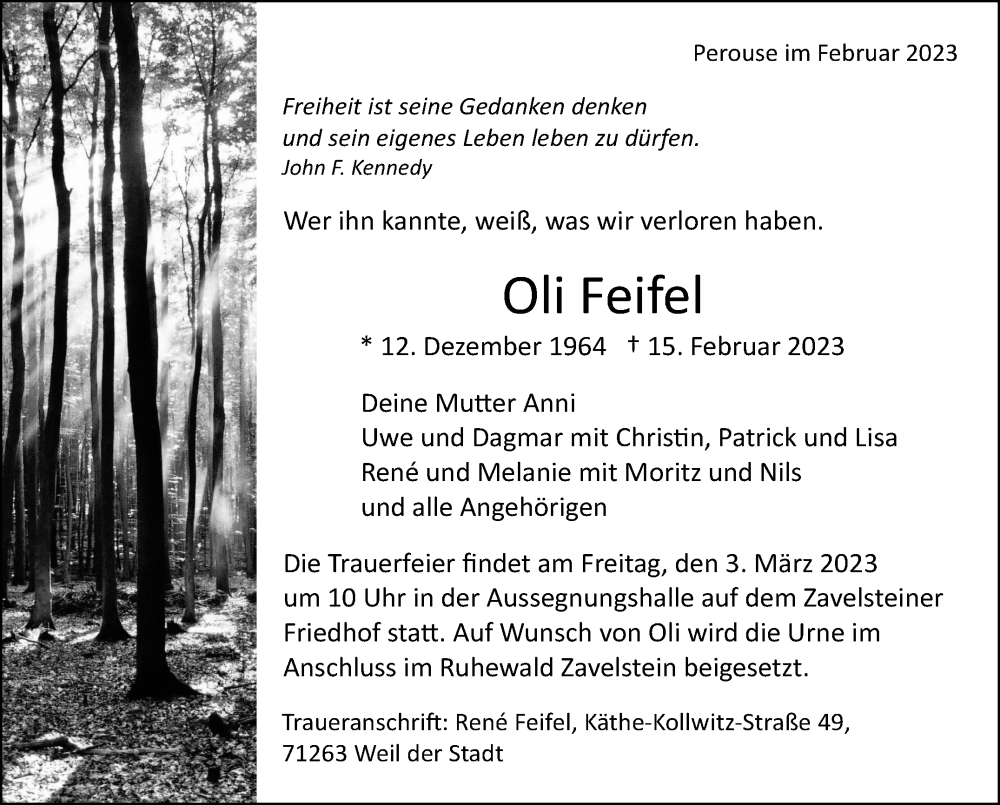  Traueranzeige für Oliver Feifel vom 21.02.2023 aus Leonberger Kreiszeitung / Strohgäu Extra