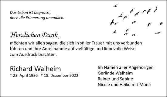 Traueranzeige von Richard Walheim von Leonberger Kreiszeitung / Strohgäu Extra