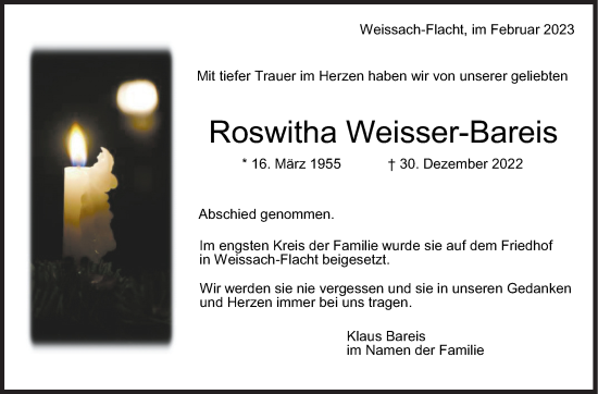 Traueranzeige von Roswitha Weisser-Bareis von Leonberger Kreiszeitung / Strohgäu Extra