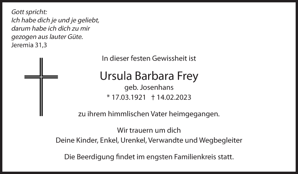  Traueranzeige für Ursula Barbara Frey vom 18.02.2023 aus Leonberger Kreiszeitung / Strohgäu Extra