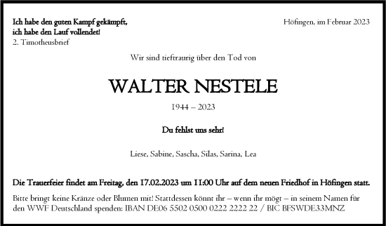 Traueranzeige von Walter Nestele von Leonberger Kreiszeitung / Strohgäu Extra