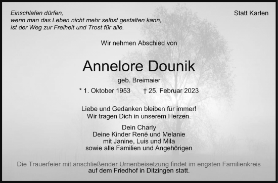 Traueranzeige von Annelore Dounik von Leonberger Kreiszeitung / Strohgäu Extra
