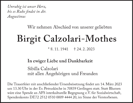 Traueranzeige von Birgit Calzolari-Mothes von Leonberger Kreiszeitung / Strohgäu Extra