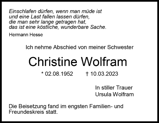 Traueranzeige von Christine Wolfram von Leonberger Kreiszeitung / Strohgäu Extra