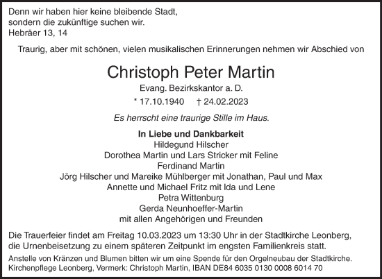 Traueranzeige von Christoph Peter Martin von Leonberger Kreiszeitung / Strohgäu Extra