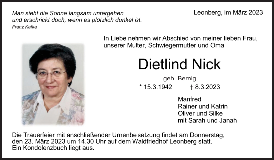 Traueranzeige von Dietlind Nick von Leonberger Kreiszeitung / Strohgäu Extra