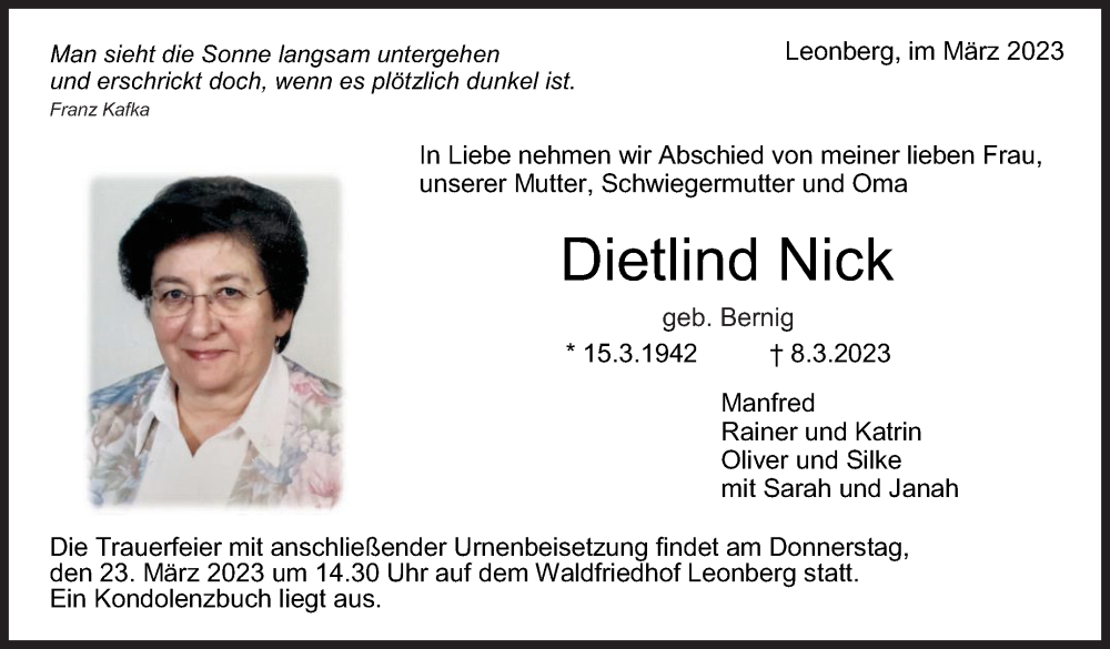  Traueranzeige für Dietlind Nick vom 17.03.2023 aus Leonberger Kreiszeitung / Strohgäu Extra
