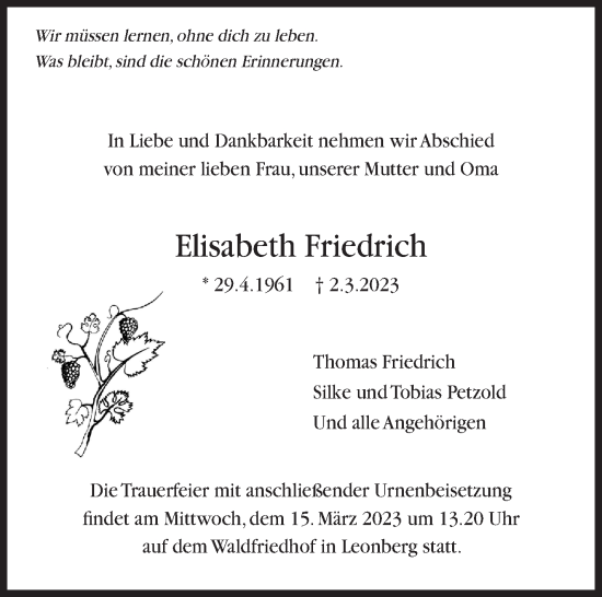 Traueranzeige von Elisabeth Friedrich von Leonberger Kreiszeitung / Strohgäu Extra