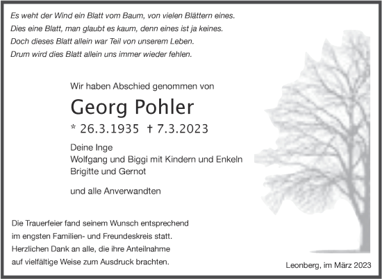 Traueranzeige von Georg Pohler von Leonberger Kreiszeitung / Strohgäu Extra