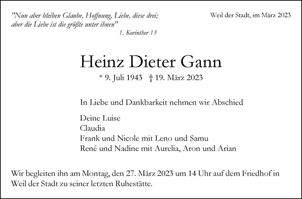  Traueranzeige für Heinz Dieter Gann vom 24.03.2023 aus Leonberger Kreiszeitung / Strohgäu Extra