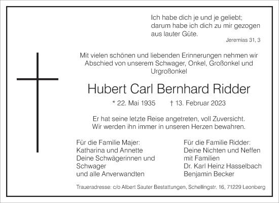 Traueranzeige von Hubert Carl Bernhard Ridder von Leonberger Kreiszeitung / Strohgäu Extra