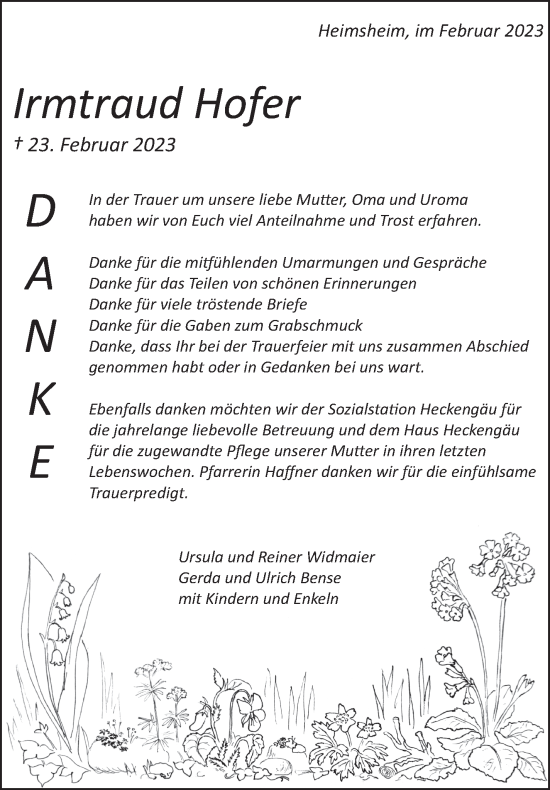 Traueranzeige von Irmtraud Hofer von Leonberger Kreiszeitung / Strohgäu Extra