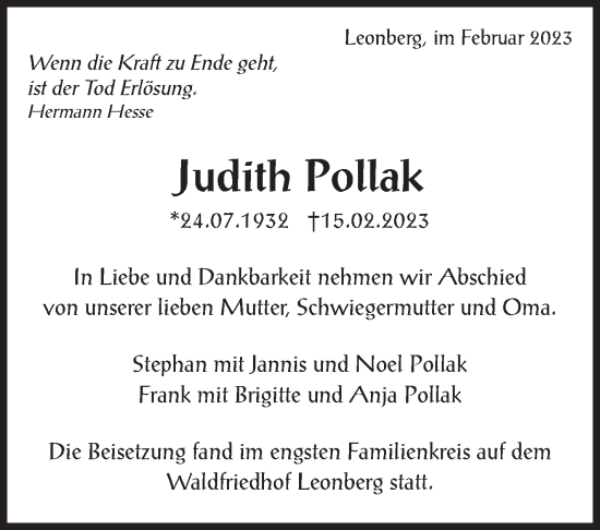 Traueranzeige von Judith Pollak von Leonberger Kreiszeitung / Strohgäu Extra