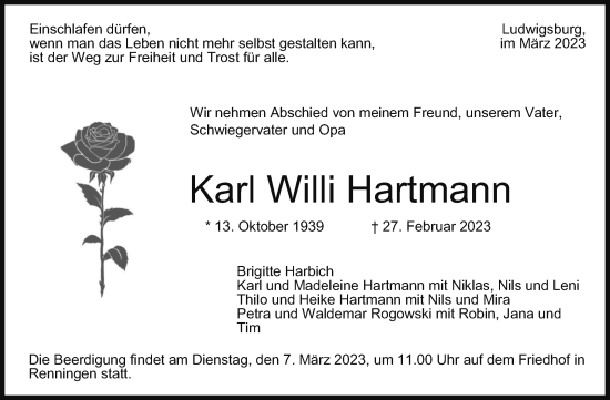 Traueranzeige von Karl  Hartmann von Leonberger Kreiszeitung / Strohgäu Extra