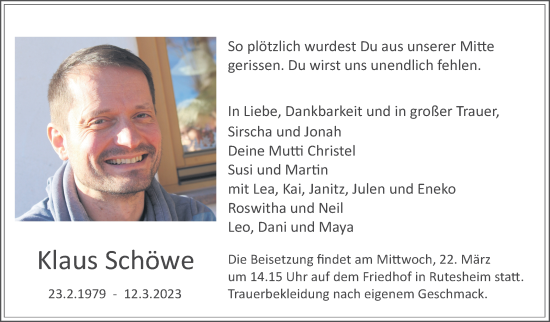 Traueranzeige von Klaus Schöwe von Leonberger Kreiszeitung / Strohgäu Extra