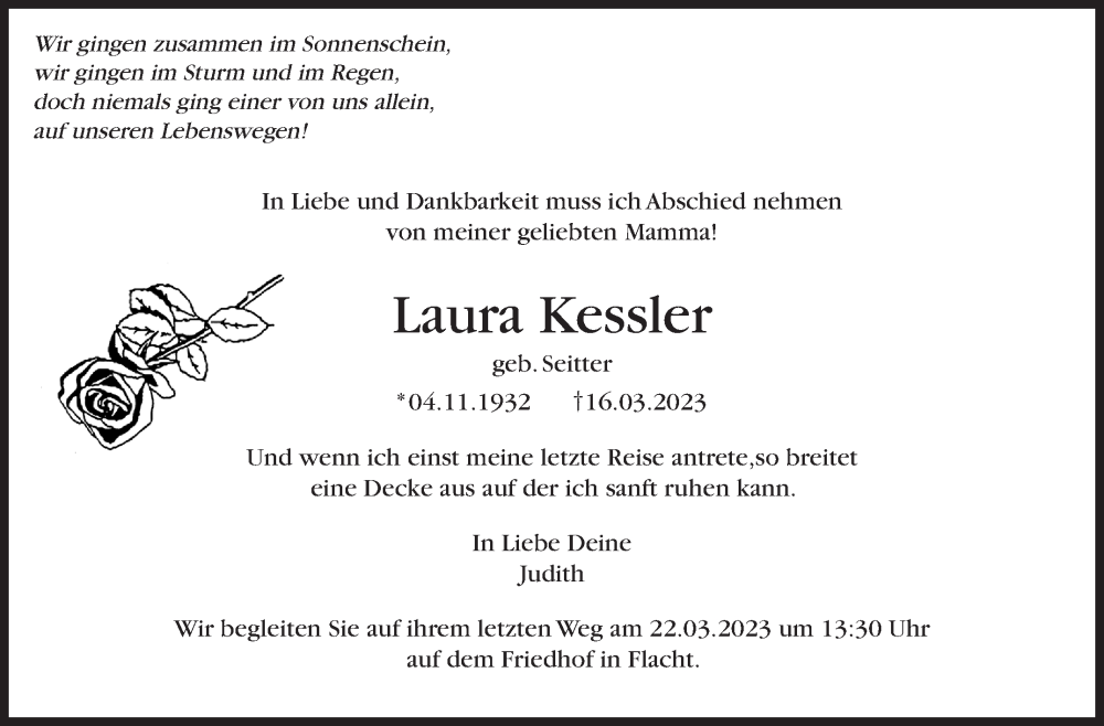  Traueranzeige für Laura Kessler vom 21.03.2023 aus Leonberger Kreiszeitung / Strohgäu Extra