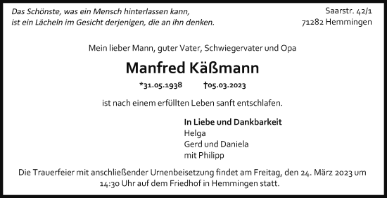Traueranzeige von Manfred Käßmann von Leonberger Kreiszeitung / Strohgäu Extra