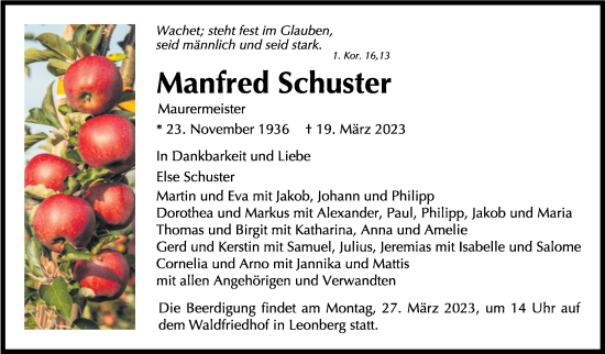 Traueranzeige von Manfred Schuster von Leonberger Kreiszeitung / Strohgäu Extra