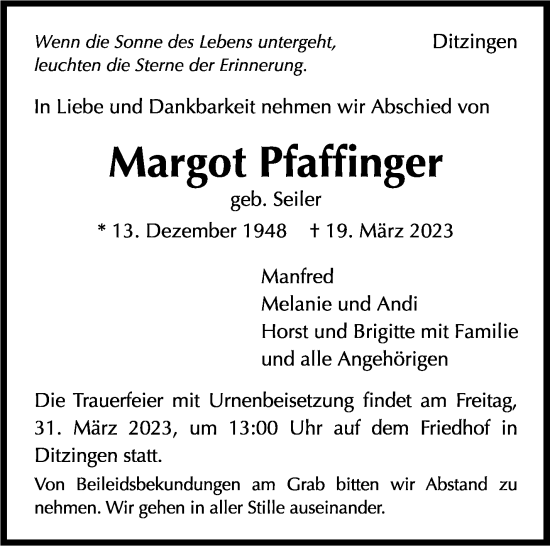 Traueranzeige von Margot Pfaffinger von Leonberger Kreiszeitung / Strohgäu Extra