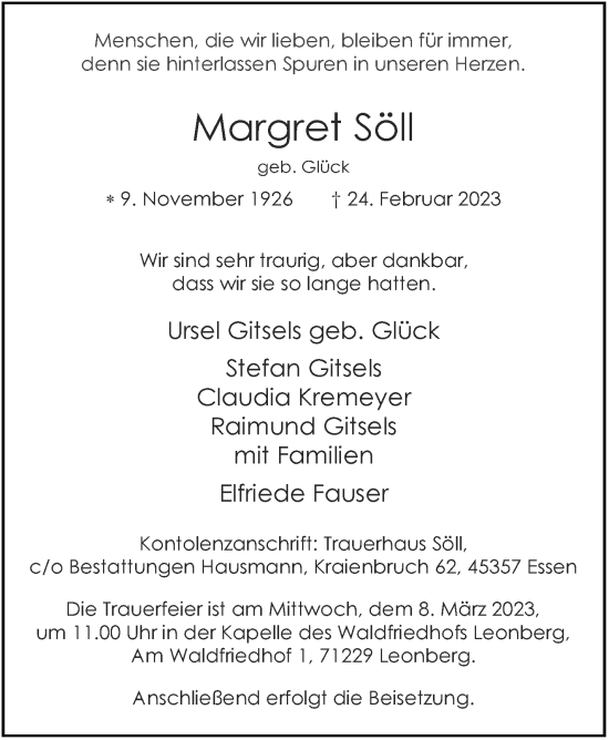Traueranzeige von Margret Söll von Leonberger Kreiszeitung / Strohgäu Extra