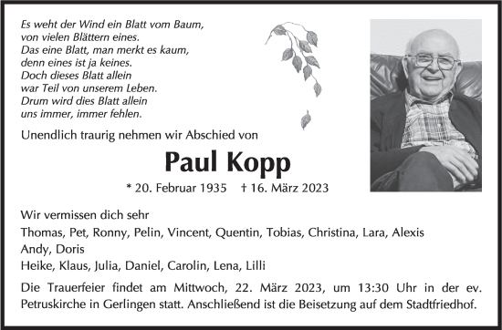 Traueranzeige von Paul Kopp von Leonberger Kreiszeitung / Strohgäu Extra