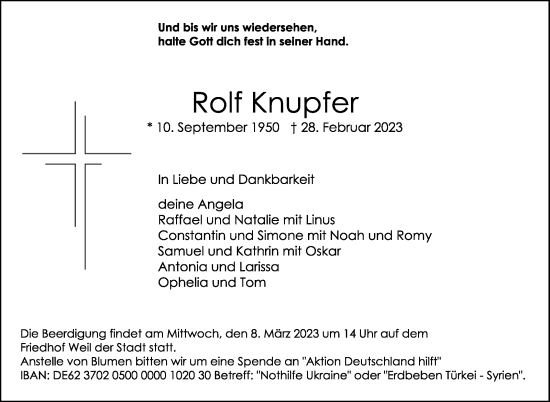 Traueranzeige von Rolf Knupfer von Leonberger Kreiszeitung / Strohgäu Extra