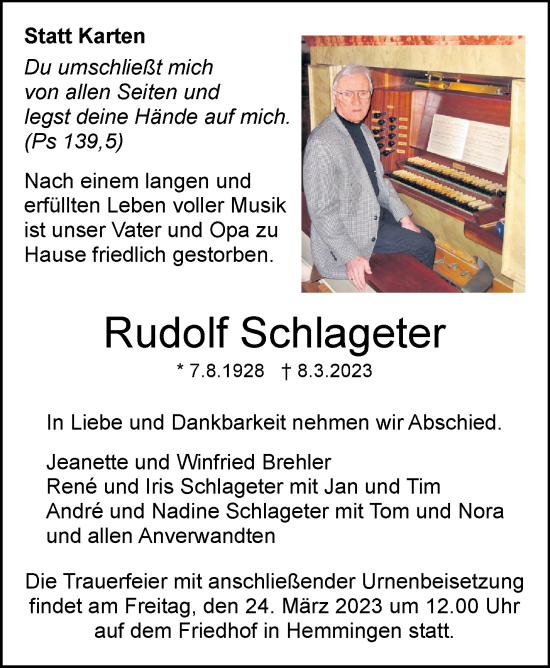 Traueranzeige von Rudolf Schlageter von Leonberger Kreiszeitung / Strohgäu Extra