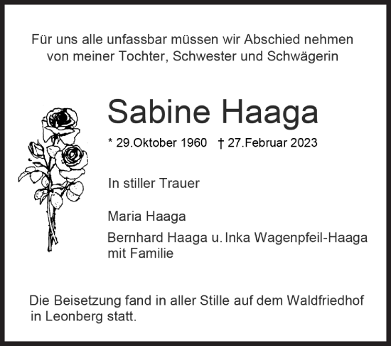 Traueranzeige von Sabine Haaga von Leonberger Kreiszeitung / Strohgäu Extra