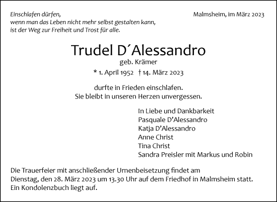 Traueranzeige von Trude DAlessandro von Leonberger Kreiszeitung / Strohgäu Extra