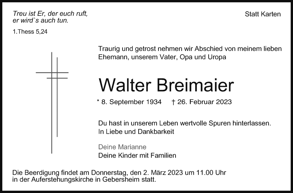  Traueranzeige für Walter Breimaier vom 01.03.2023 aus Leonberger Kreiszeitung / Strohgäu Extra
