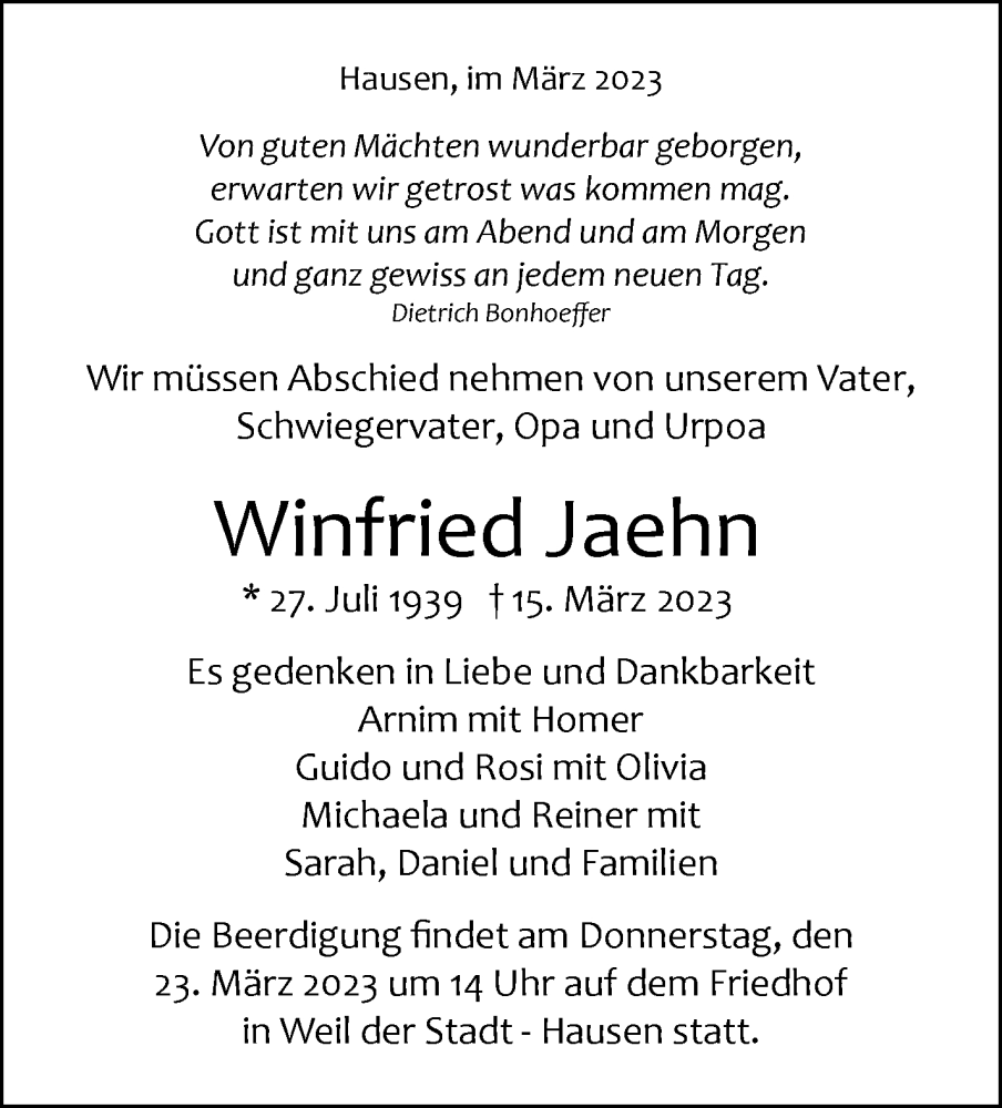  Traueranzeige für Winfried Jaehn vom 18.03.2023 aus Leonberger Kreiszeitung / Strohgäu Extra