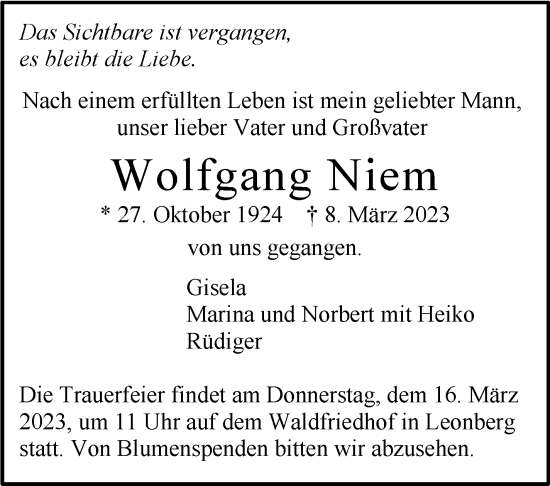 Traueranzeige von Wolfgang Niem von Leonberger Kreiszeitung / Strohgäu Extra