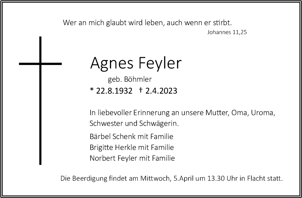  Traueranzeige für Agnes Feyler vom 05.04.2023 aus Leonberger Kreiszeitung / Strohgäu Extra