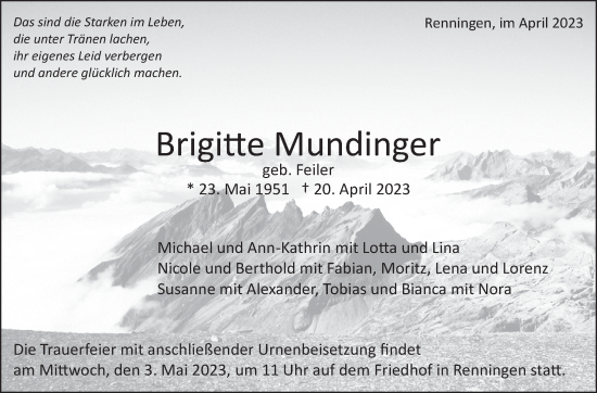 Traueranzeige von Brigitte Mundinger von Leonberger Kreiszeitung / Strohgäu Extra