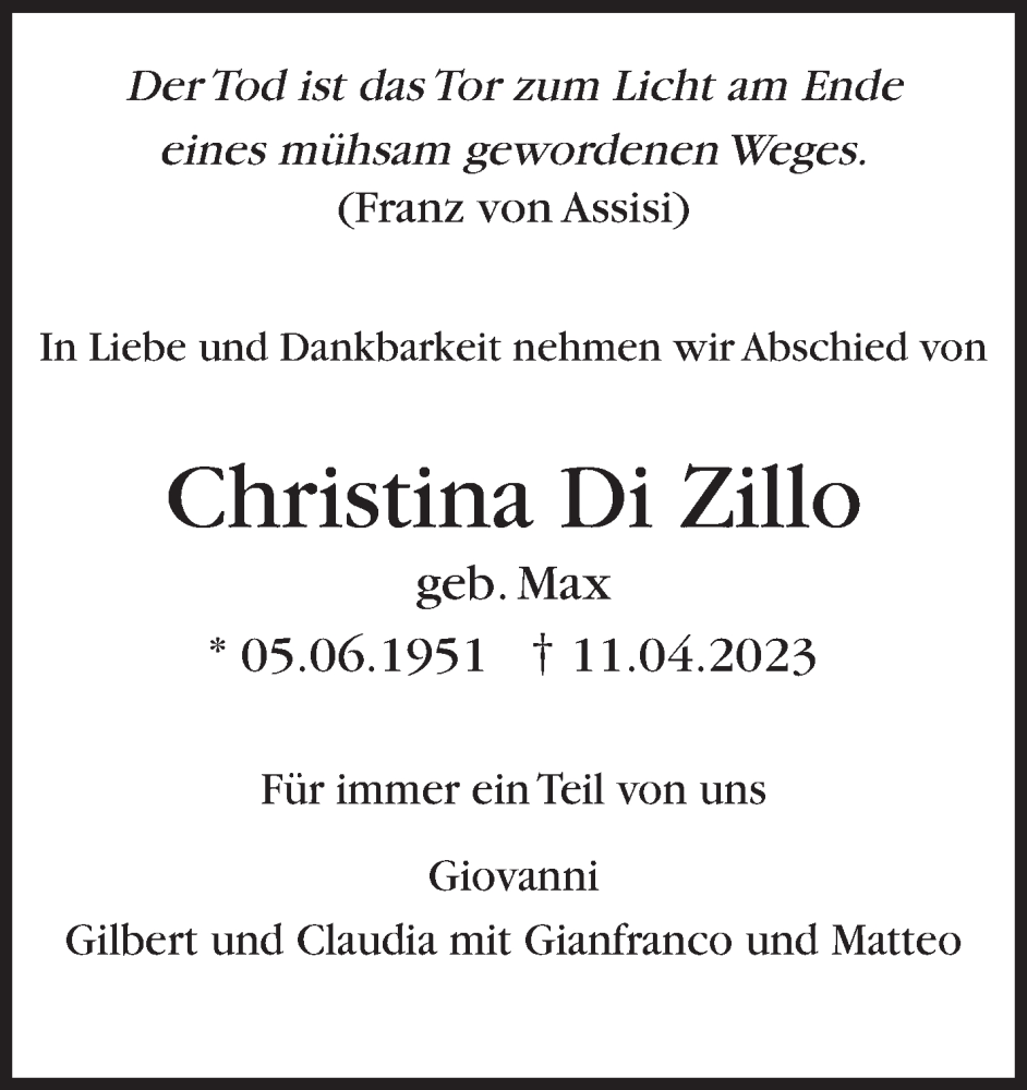  Traueranzeige für Christina Di Zillo vom 15.04.2023 aus Leonberger Kreiszeitung / Strohgäu Extra