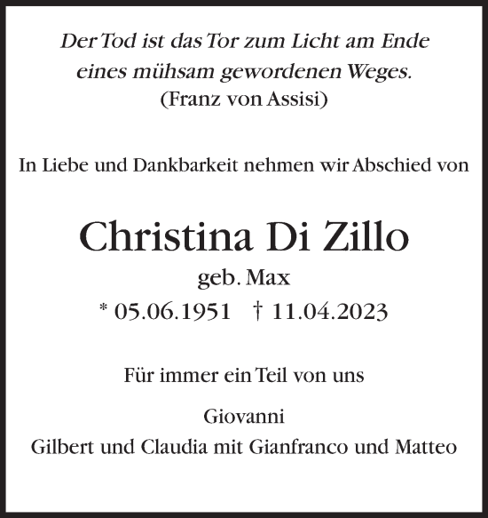 Traueranzeige von Christina Di Zillo von Leonberger Kreiszeitung / Strohgäu Extra