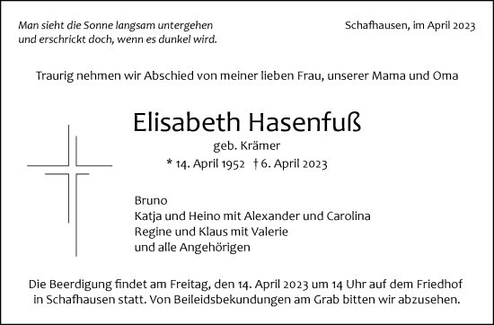 Traueranzeige von Elisabeth Hasenfuß von Leonberger Kreiszeitung / Strohgäu Extra